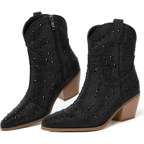 Women Black Rhinestone Western Cowboy Boots Pointed Toe Mid Heel Fashion - Picture 3 of 8